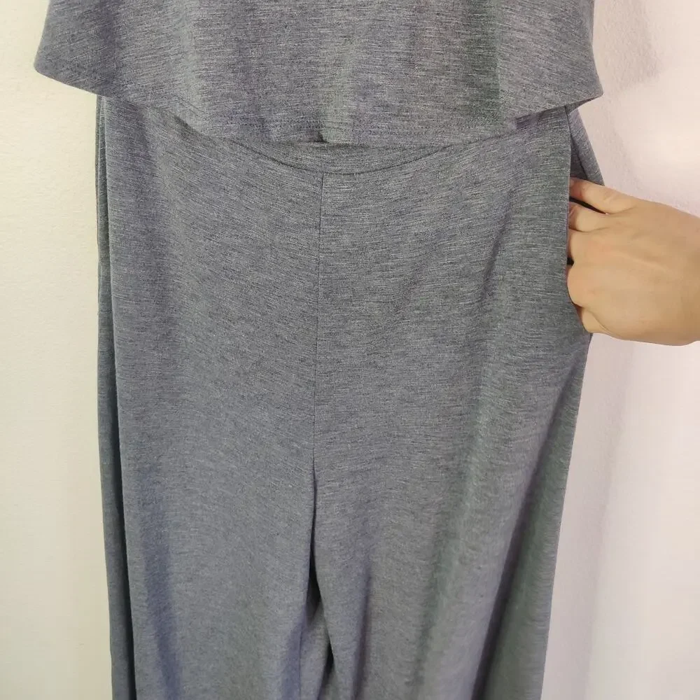 Bucket List Open Front Wide Leg Slub Knit Jumpsuit Navy Gray Medium Loungewear
